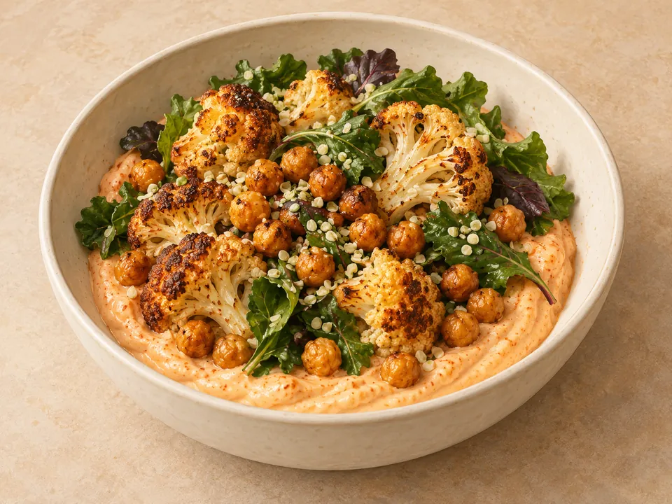 Illustration of chickpeas and roasted cauliflower over harissa yogurt with hemp hearts.