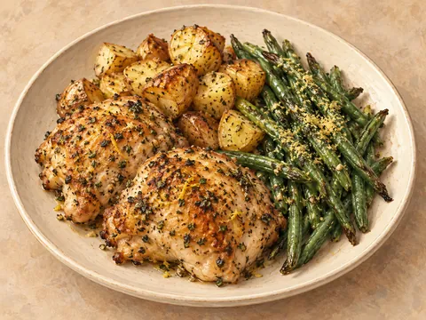 Illustration of lemon-oregano chicken, roasted baby potatoes and green beans.