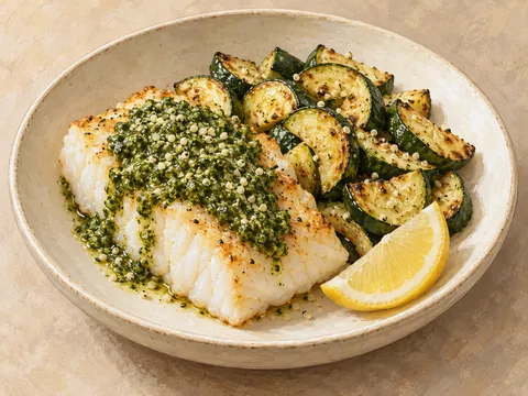 Illustration of pesto-topped cod with roasted zucchini and hemp hearts.