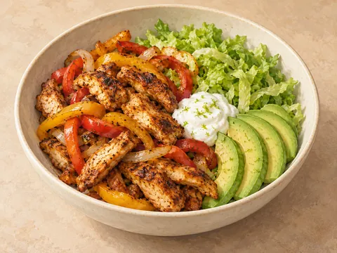 Illustration of chicken fajita strips, peppers, avocado, lettuce and yogurt in a bowl.