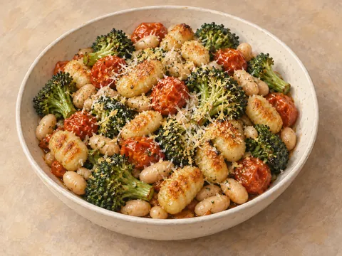Illustration of roasted gnocchi, white beans, broccoli, tomatoes and Parmesan.