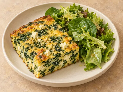 Illustration of spinach, feta and hemp frittata beside leafy salad.